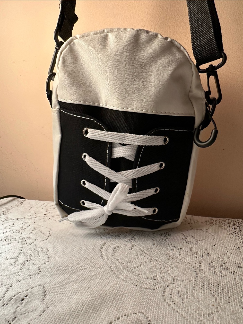Sport Shoe Black & White Crossbody Bag with Lace-Up Detail